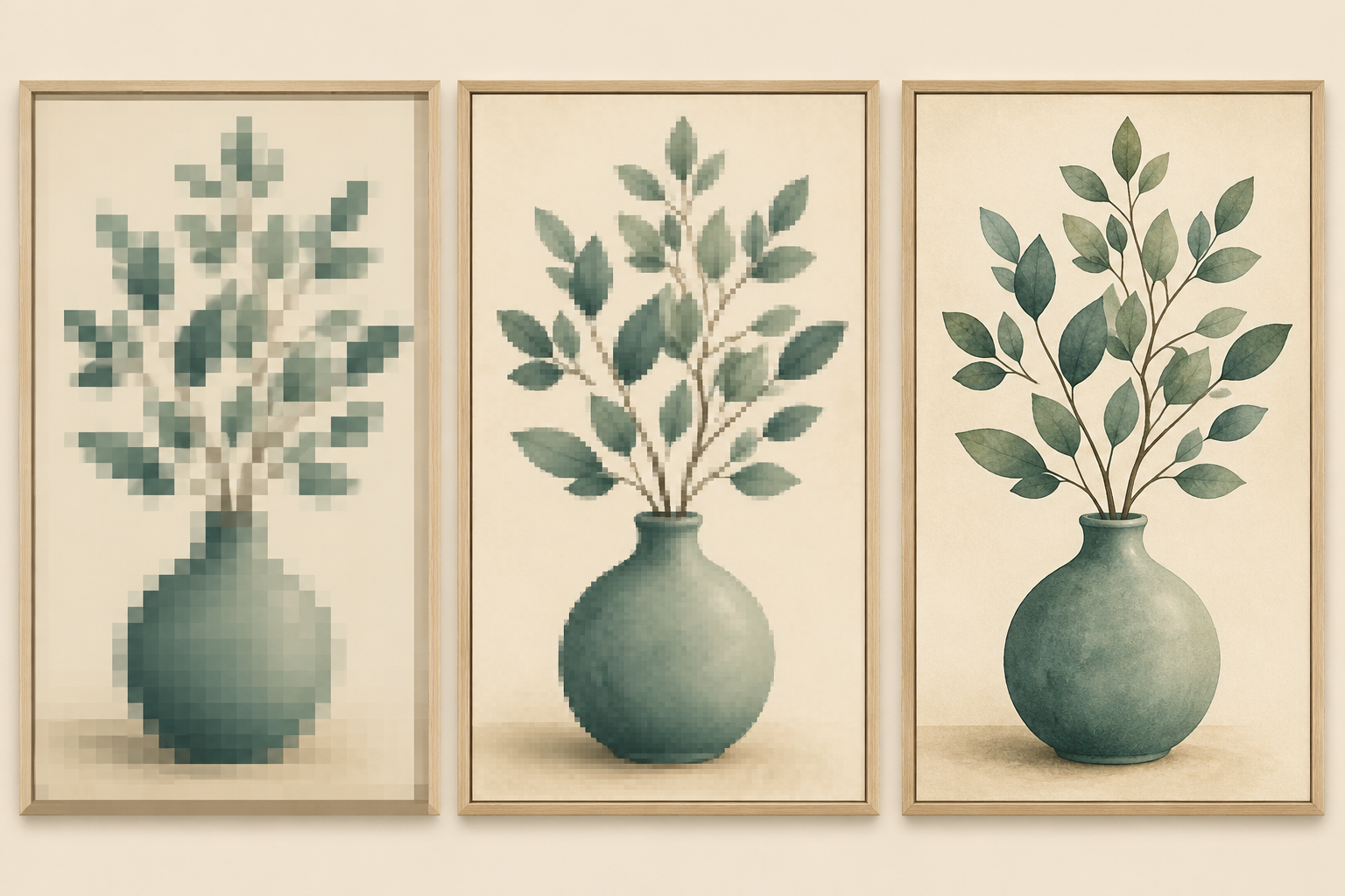 Comparison of the same wall art print at 72 DPI, 150 DPI, and 300 DPI showing how print sharpness changes with resolution