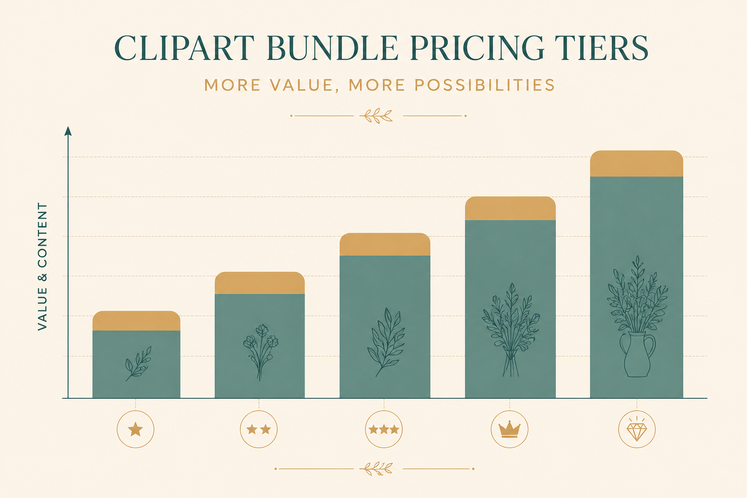 An Etsy clipart bundle pricing chart showing typical price ranges for 5-piece through 50-piece bundles with personal and commercial license tiers