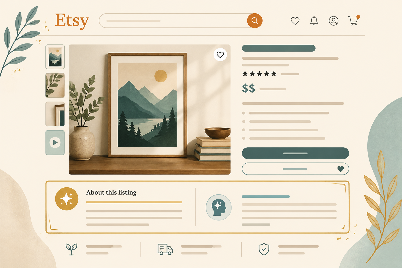 An Etsy listing description with a clearly labeled 'About this listing' disclosure section explaining how AI was used and how the seller directed the work