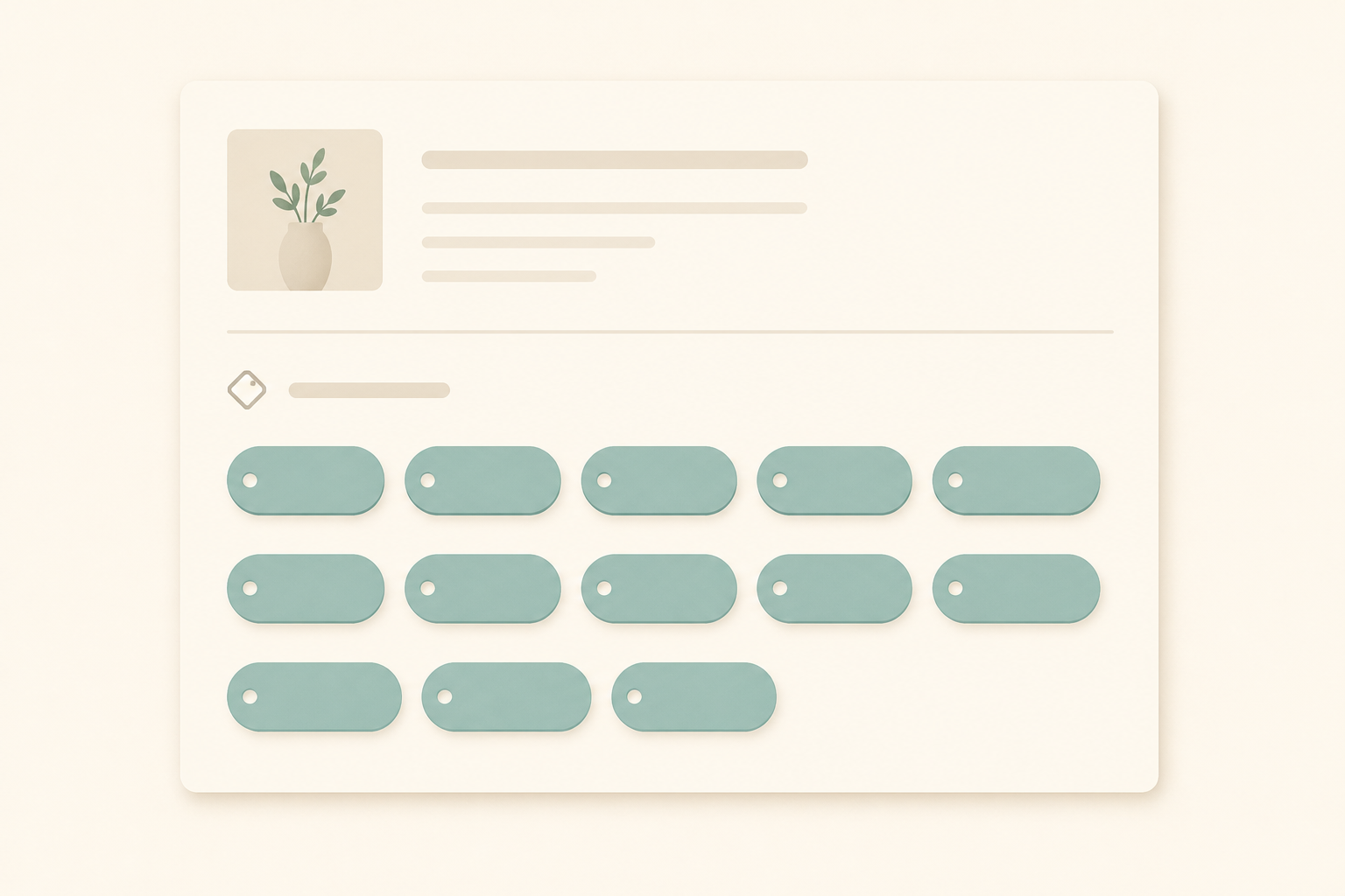 An Etsy listing tag editor showing 13 filled tag slots organized into intent buckets — exact-match phrases, buyer intent, style, use-case, occasion, and trending