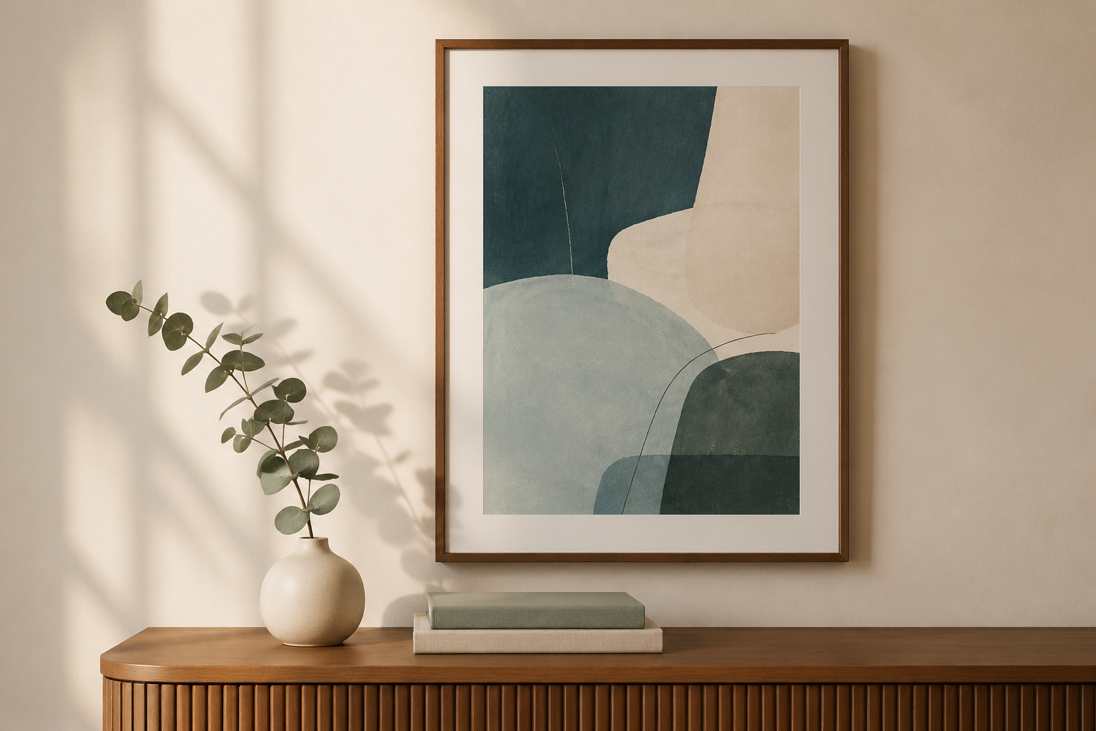 An Etsy listing mockup showing a framed wall art print in a styled living-room context with subtle props and a soft warm background