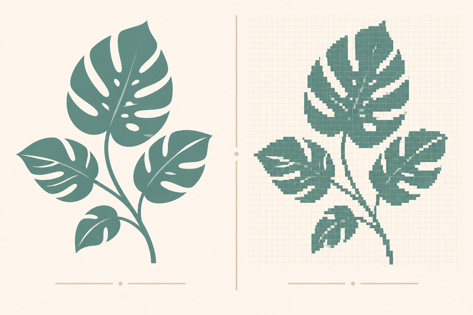 Side-by-side comparison of an SVG vector file and a PNG raster file showing how each scales — vector remains crisp, raster pixelates