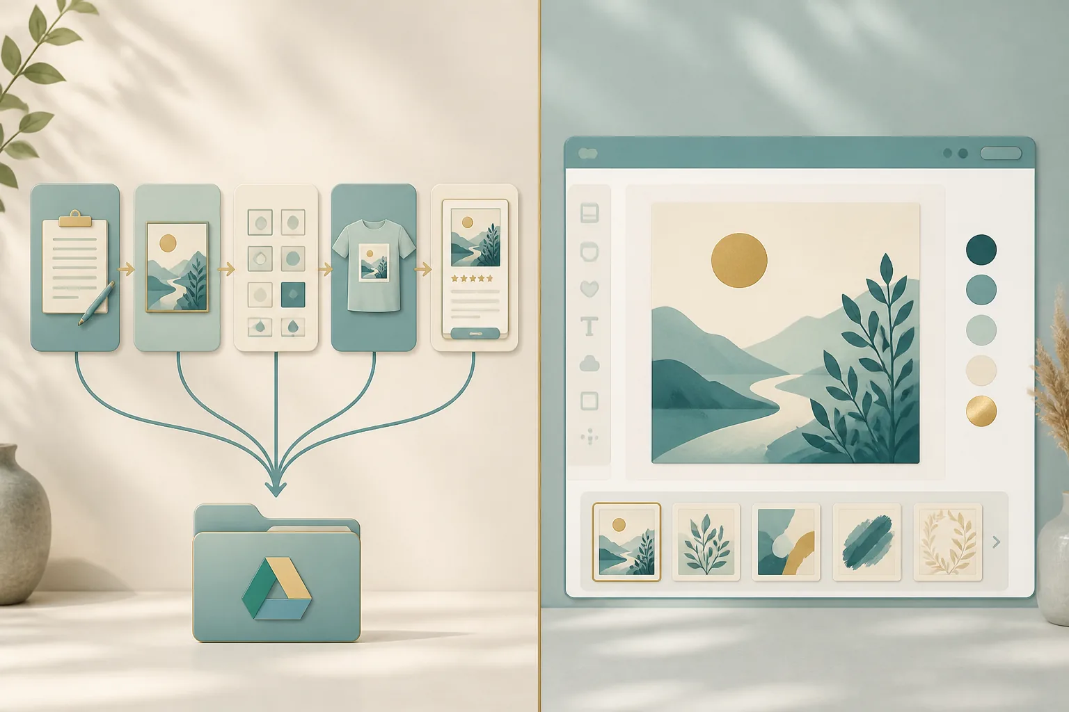 Side-by-side panels: a workflow ribbon (brief to artwork to ratios to mockup to listing to Google Drive) versus a design canvas with template carousel and color swatches but no file pipeline