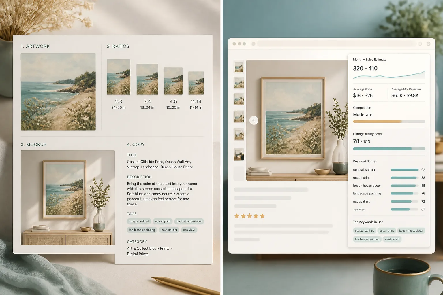 Side-by-side panels: a complete listing being produced (artwork, ratios, mockup, copy) versus a product-research browser extension overlay on an Etsy listing