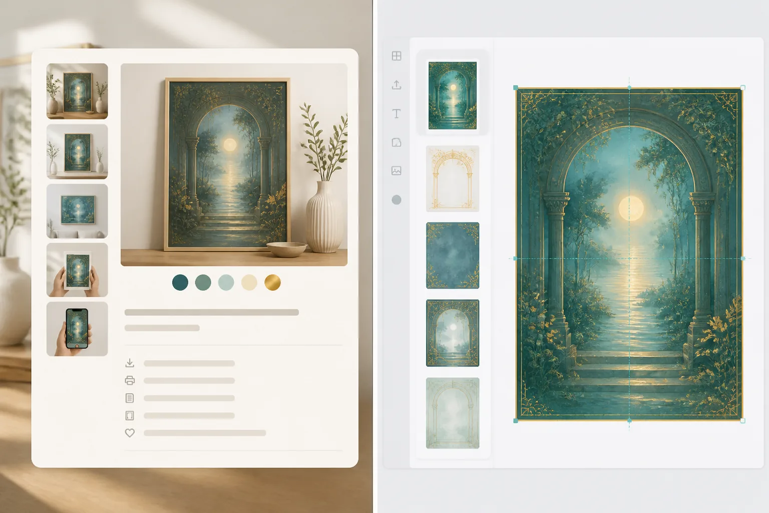 Side-by-side panels: a complete Etsy listing card with five ratio thumbnails, mockup preview, and listing copy versus a design tool canvas with template thumbnails and a single artwork in progress