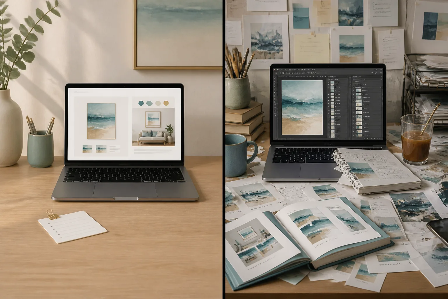 Side-by-side panels: a tidy desk with one laptop showing a finished Etsy listing draft versus a cluttered desk overflowing with Photoshop layers, ratio printouts, and multiple browser tabs