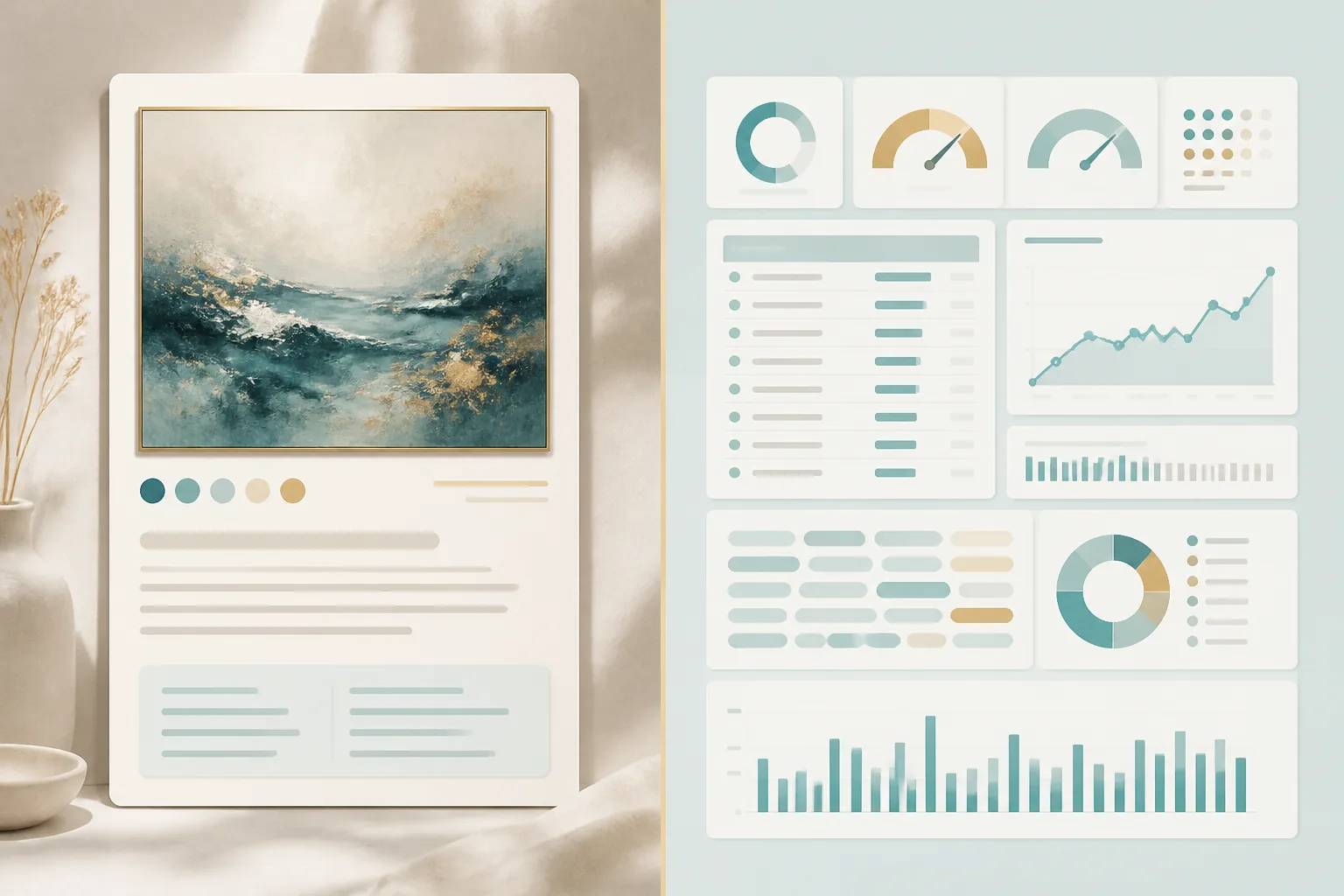 Side-by-side panels: a finished listing card with artwork plus SEO copy versus a tag and keyword research dashboard with grade meters