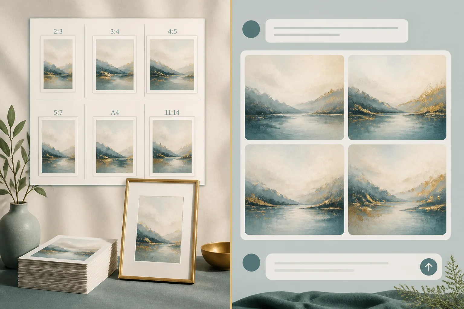 Side-by-side panels: a tidy grid of cohesive print-ready listing files at 300 DPI versus a chat-style AI generator showing 4 image variations with a prompt