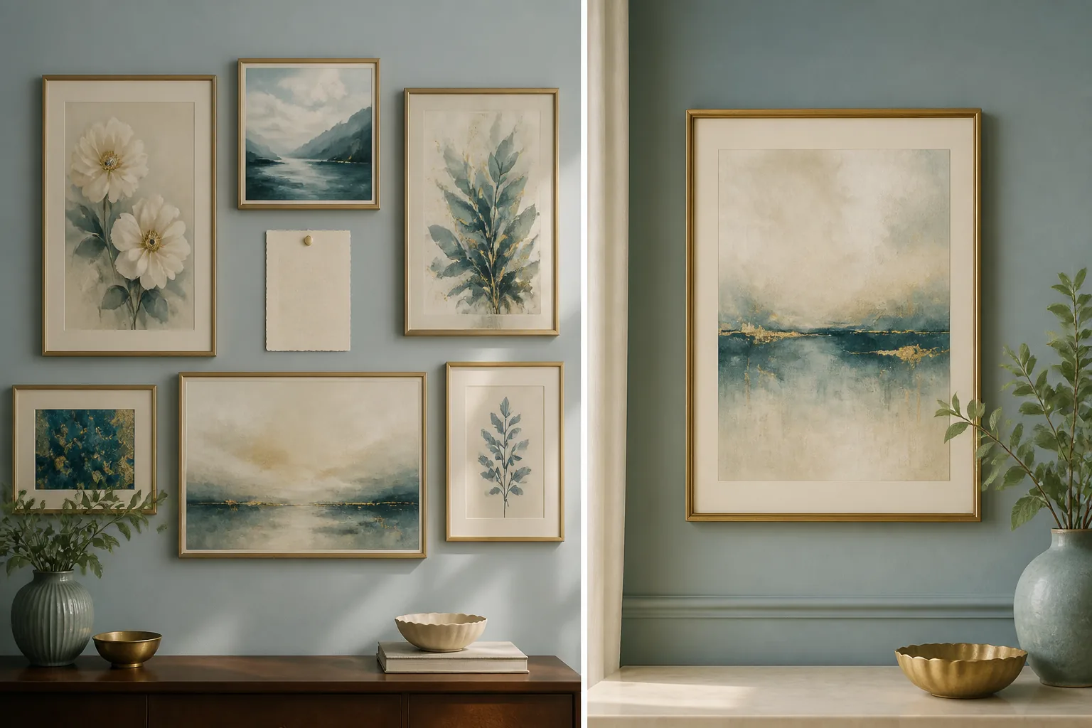 Side-by-side panels: an editorial gallery wall with framed prints AND a listing copy card pinned beside them versus an isolated mockup template with no listing data or file pipeline