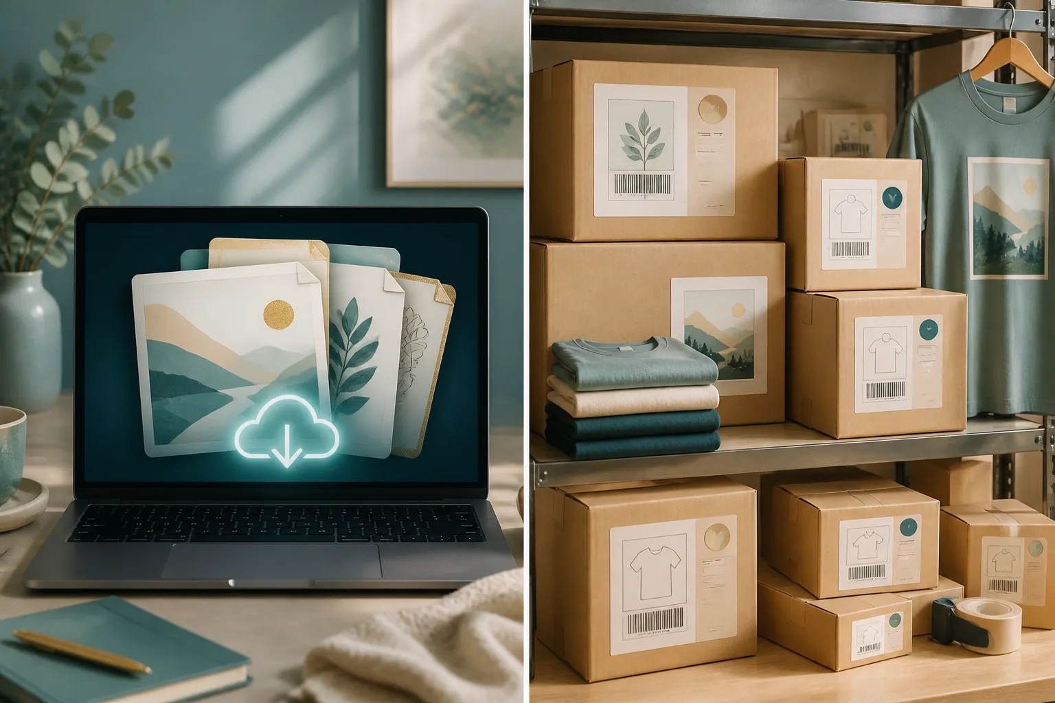 Side-by-side panels: a stack of digital download files glowing on a laptop screen with cloud-delivery icon versus shipping boxes and t-shirt mockups on a fulfillment shelf