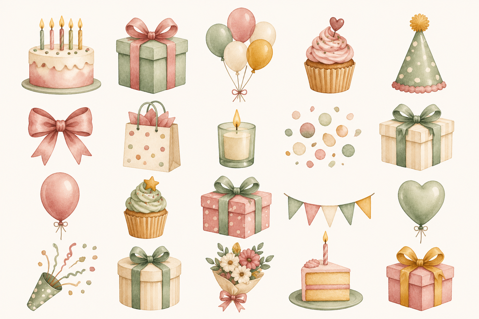 A gift clipart bundle preview — birthday, shower, and celebration motifs in soft watercolor florals on a transparent background grid