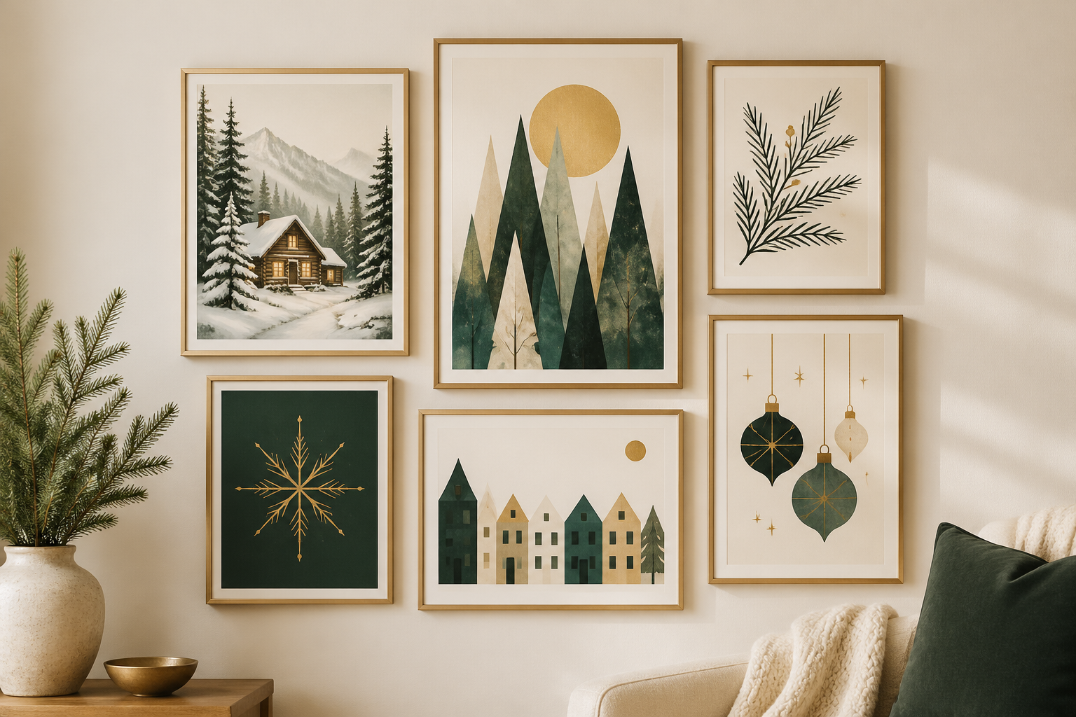 A holiday wall art collection — Christmas-themed prints in muted teal, warm cream, and warm gold arranged as a styled gallery wall