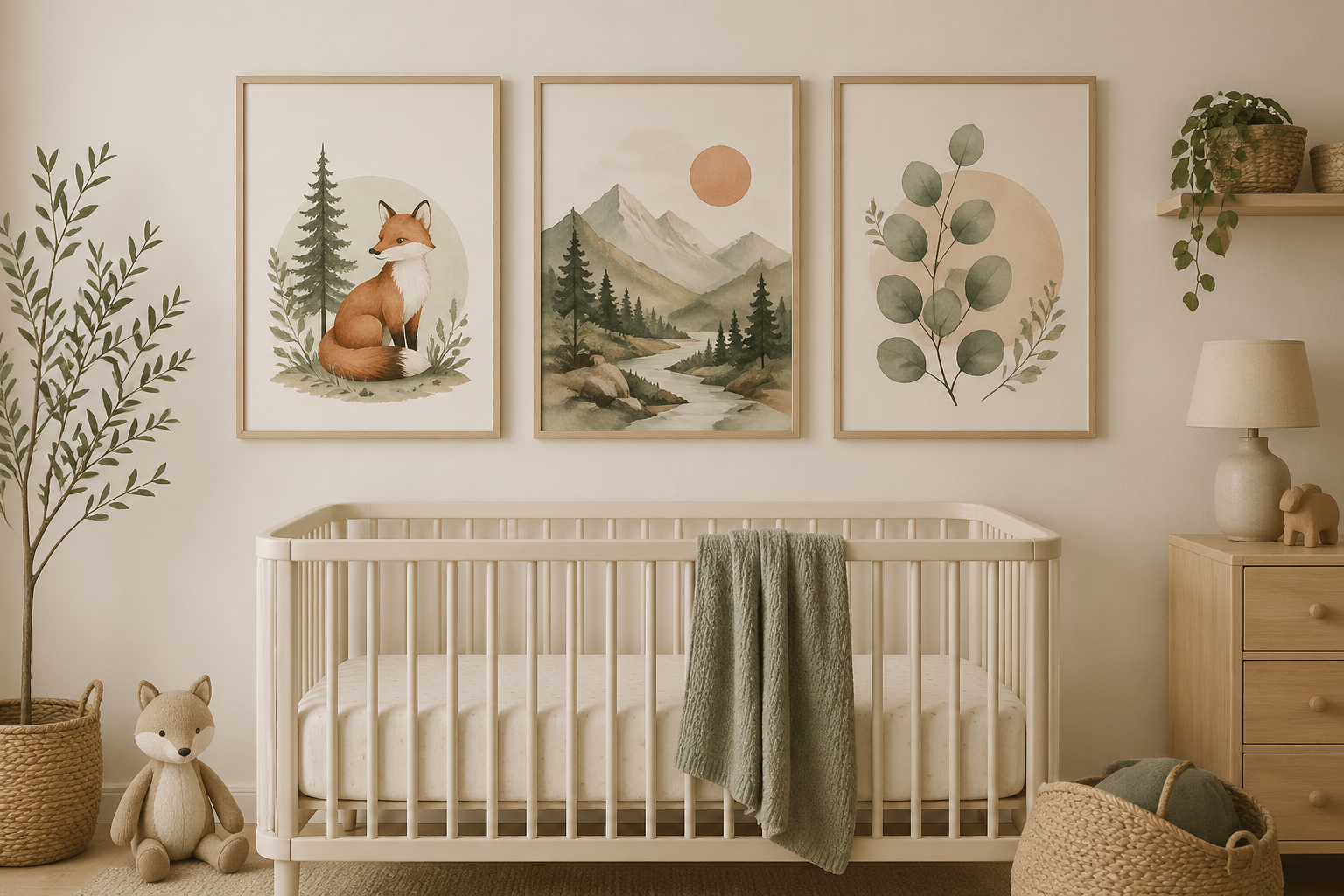 A cohesive set of nursery wall prints — woodland creatures in sage, terracotta, and warm cream — arranged above a soft cream crib