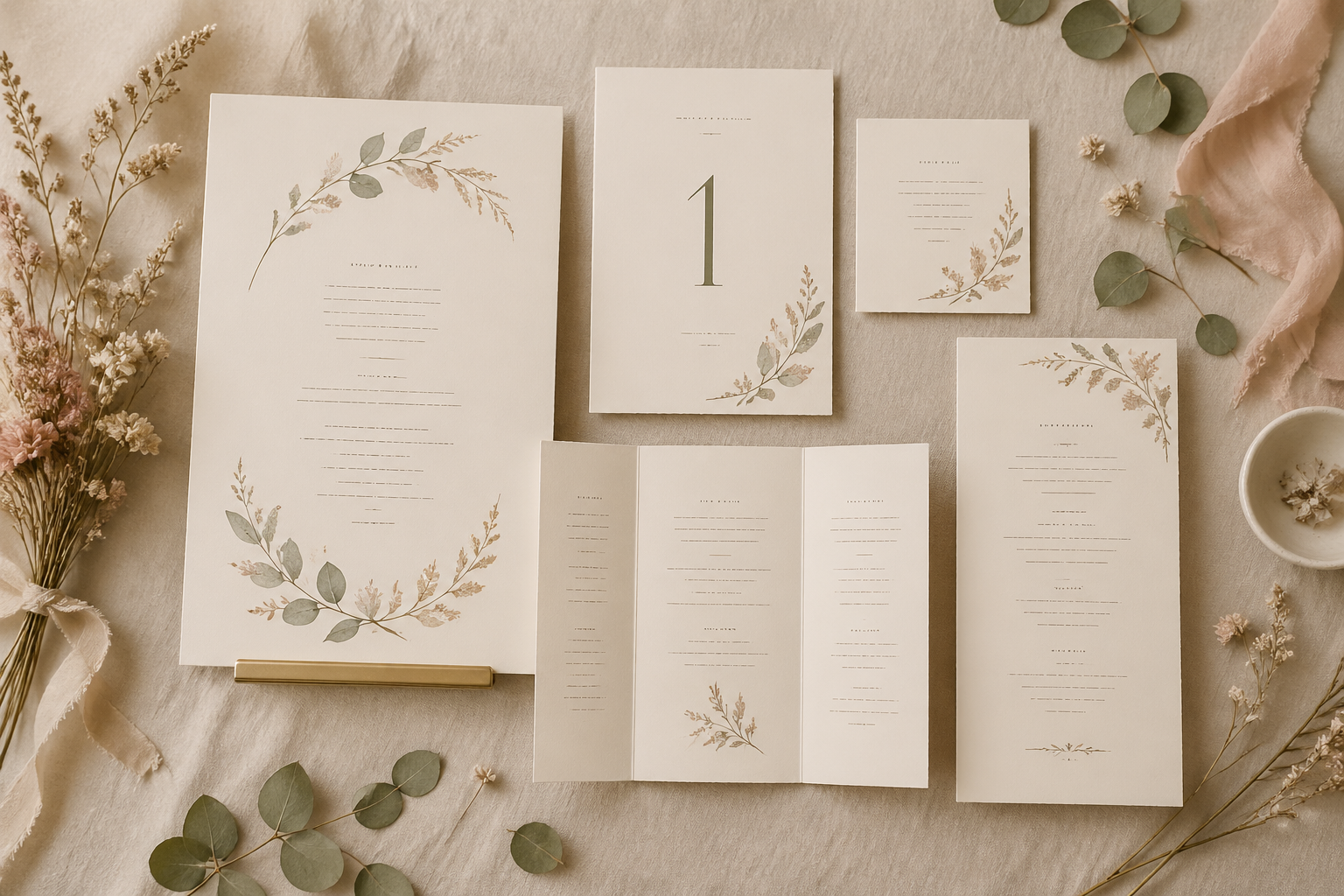A wedding printable suite — welcome sign, table numbers, programs, and menu cards — in elegant serif typography on warm cream paper