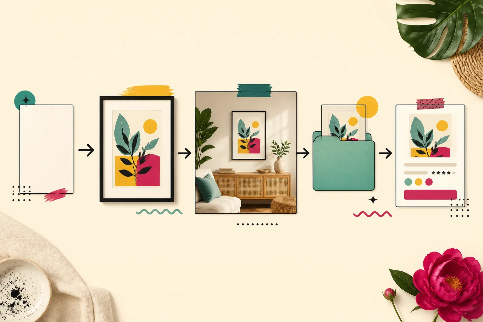 A left-to-right production line from a blank brief card to a framed print, a mockup scene, a file folder, and a finished listing card, on warm cream