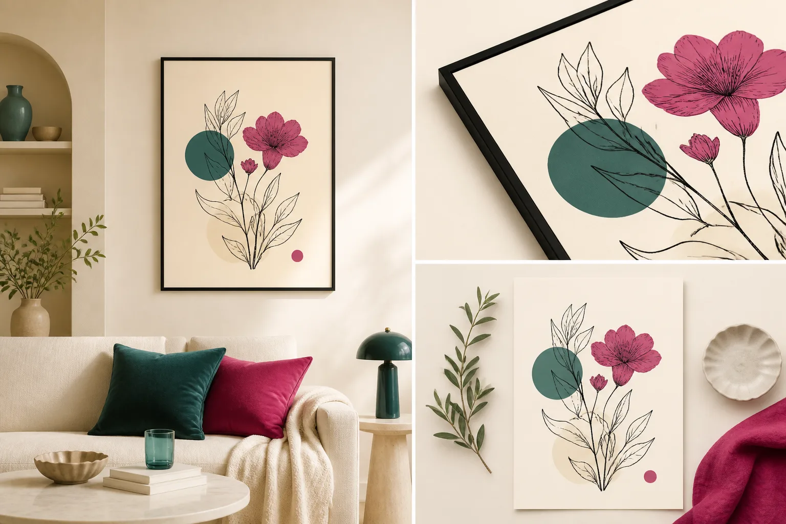 One botanical line-art print shown three ways: framed on a styled living-room wall, as a close-up framed detail, and as a flat-lay, in fuchsia and teal on warm cream