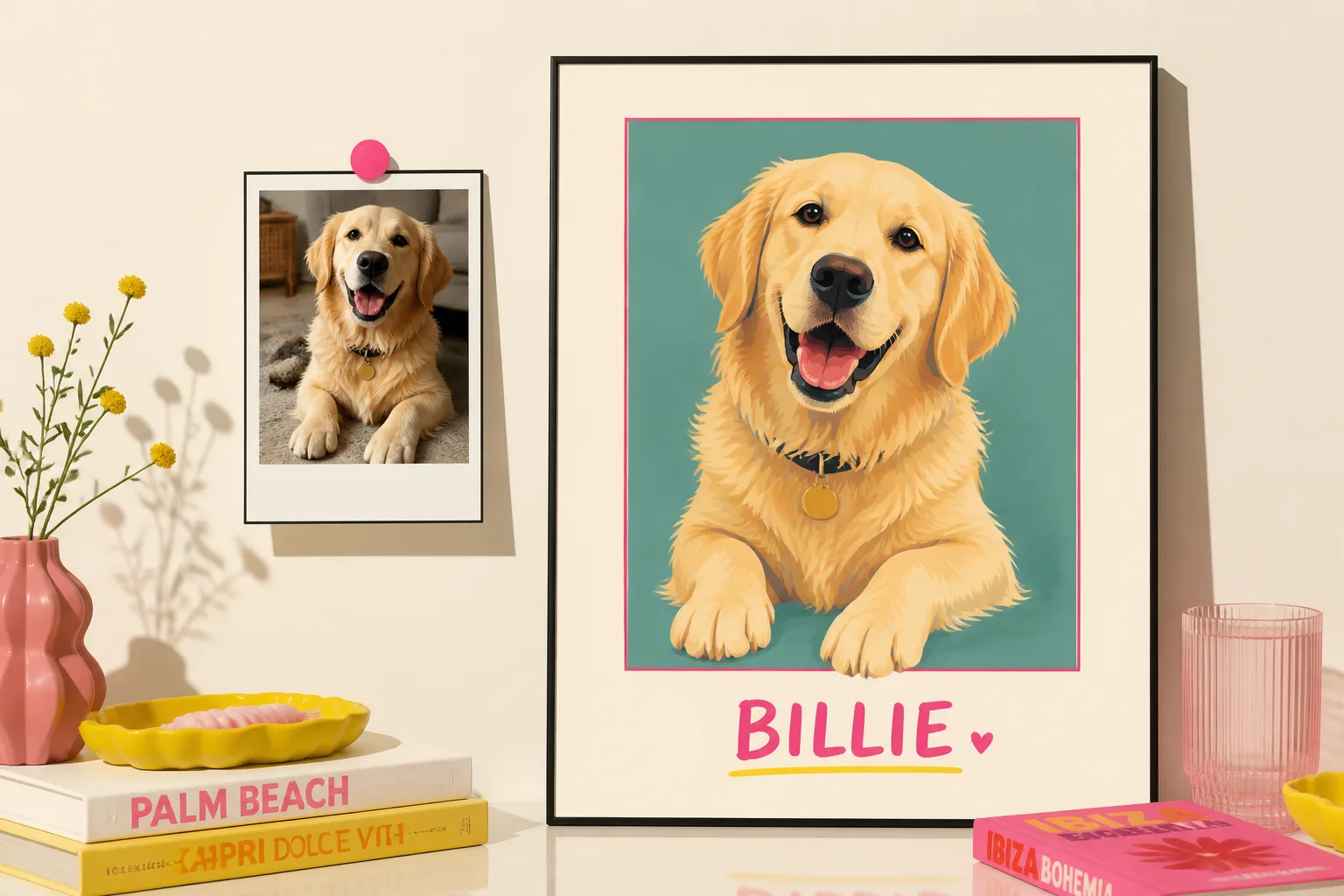 A buyer's photo of a golden retriever beside the same dog redrawn as a styled art print