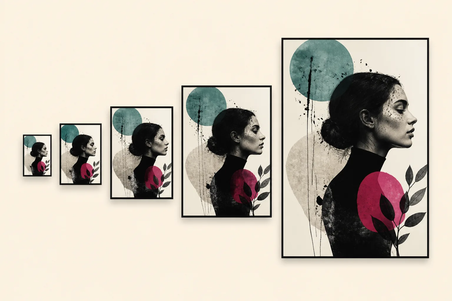 A portrait art print enlarging from a small crisp tile to a large gallery poster, detail sharpening across the sequence, in teal and fuchsia on warm cream