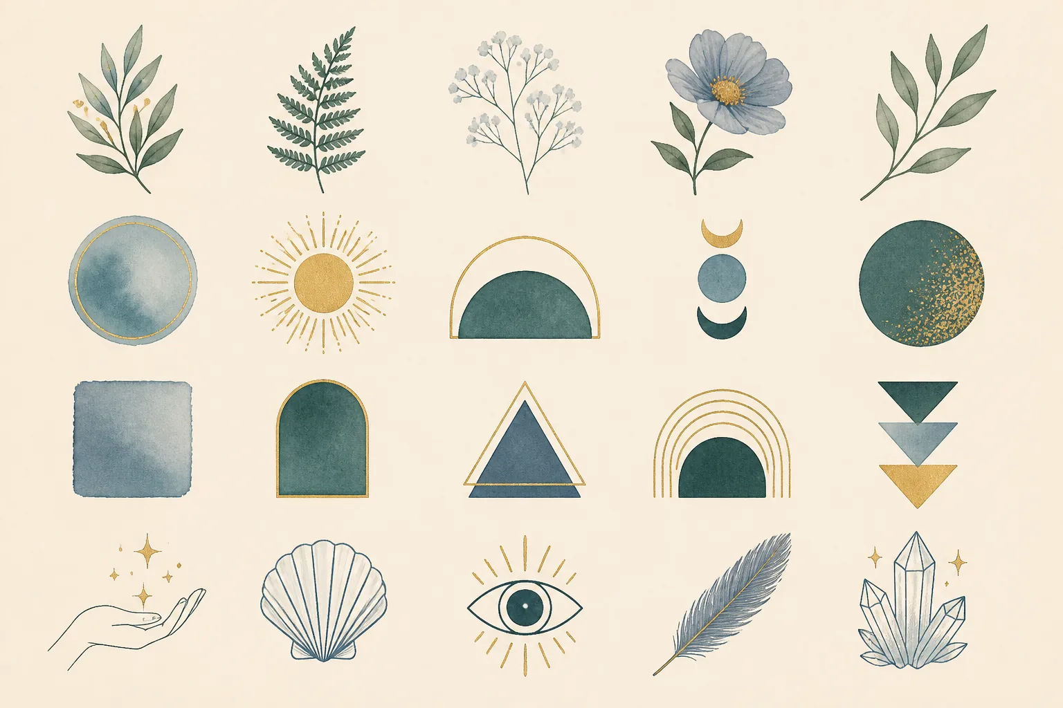 A flat-lay of a cohesive 20-piece clipart bundle on warm cream paper — botanicals, geometric shapes, and hand-drawn icons in a consistent muted palette, arranged in a grid