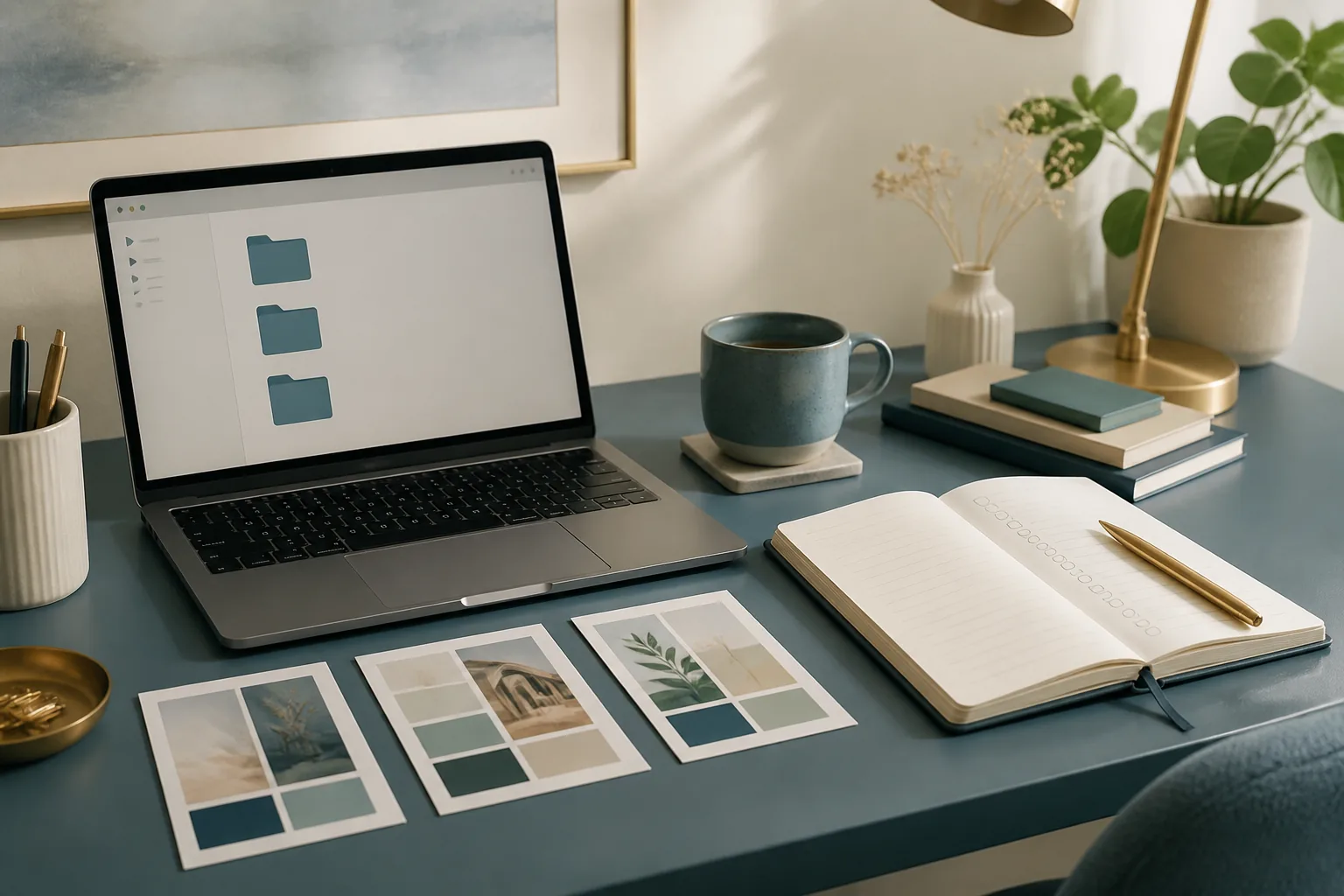 A freelancer's organized client-work desk — laptop showing a folder structure of three labeled client folders, printed style-guide cards, and a delivery checklist