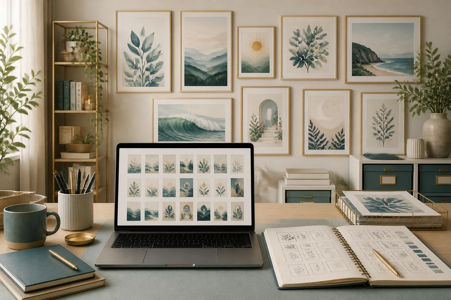 A growing Etsy printables workspace — framed wall art mockups on a wall behind a laptop showing a catalog grid of pending listings, notebook open to product ideas