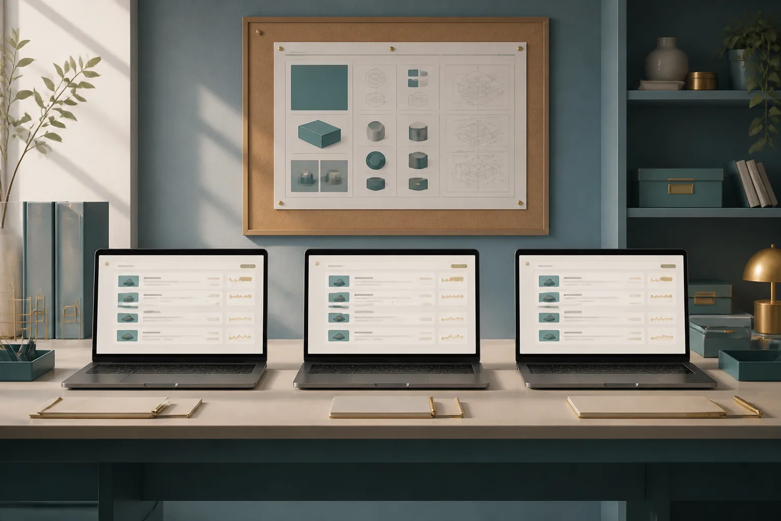 A team workspace with three matching laptops side by side on a long desk, each showing identical clean listing dashboards — architectural and repeatable