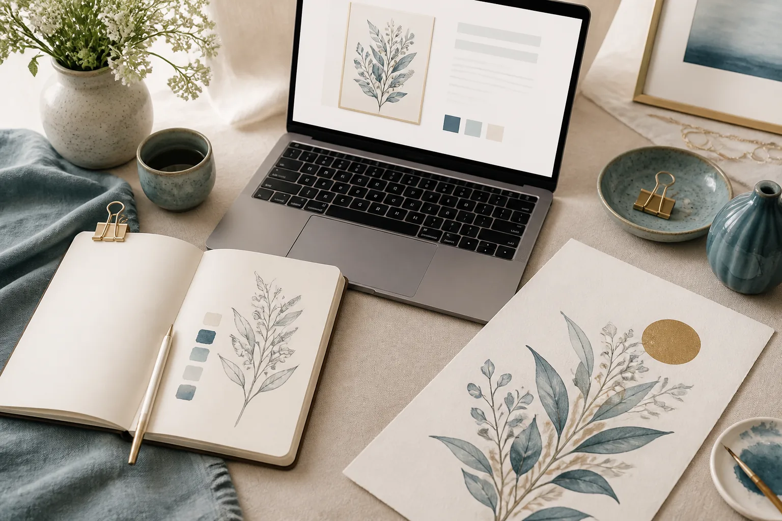 An overhead flat-lay of an Etsy beginner workspace — open notebook with a product idea, laptop showing a draft listing, and a freshly printed wall art sample on cream paper