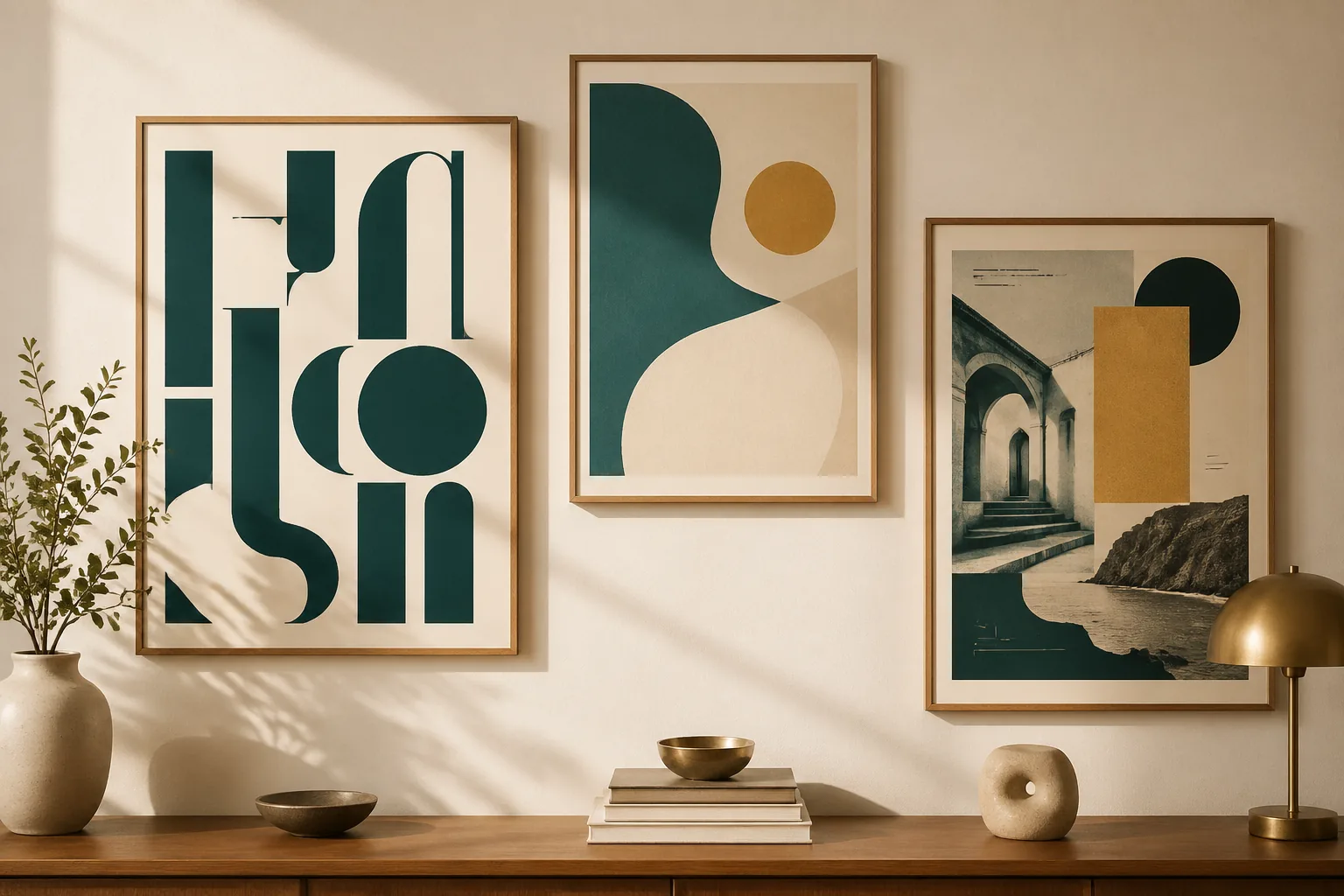 A styled gallery wall featuring three framed poster prints in muted teal, warm cream, and warm gold — modern minimalist editorial styling