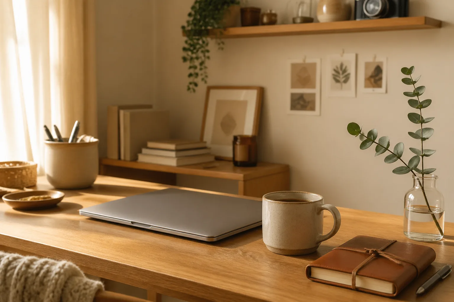 A cozy weekend workspace — laptop on a wooden desk, coffee mug, and a small notebook, with warm afternoon light suggesting a side-hustle Etsy seller working from home