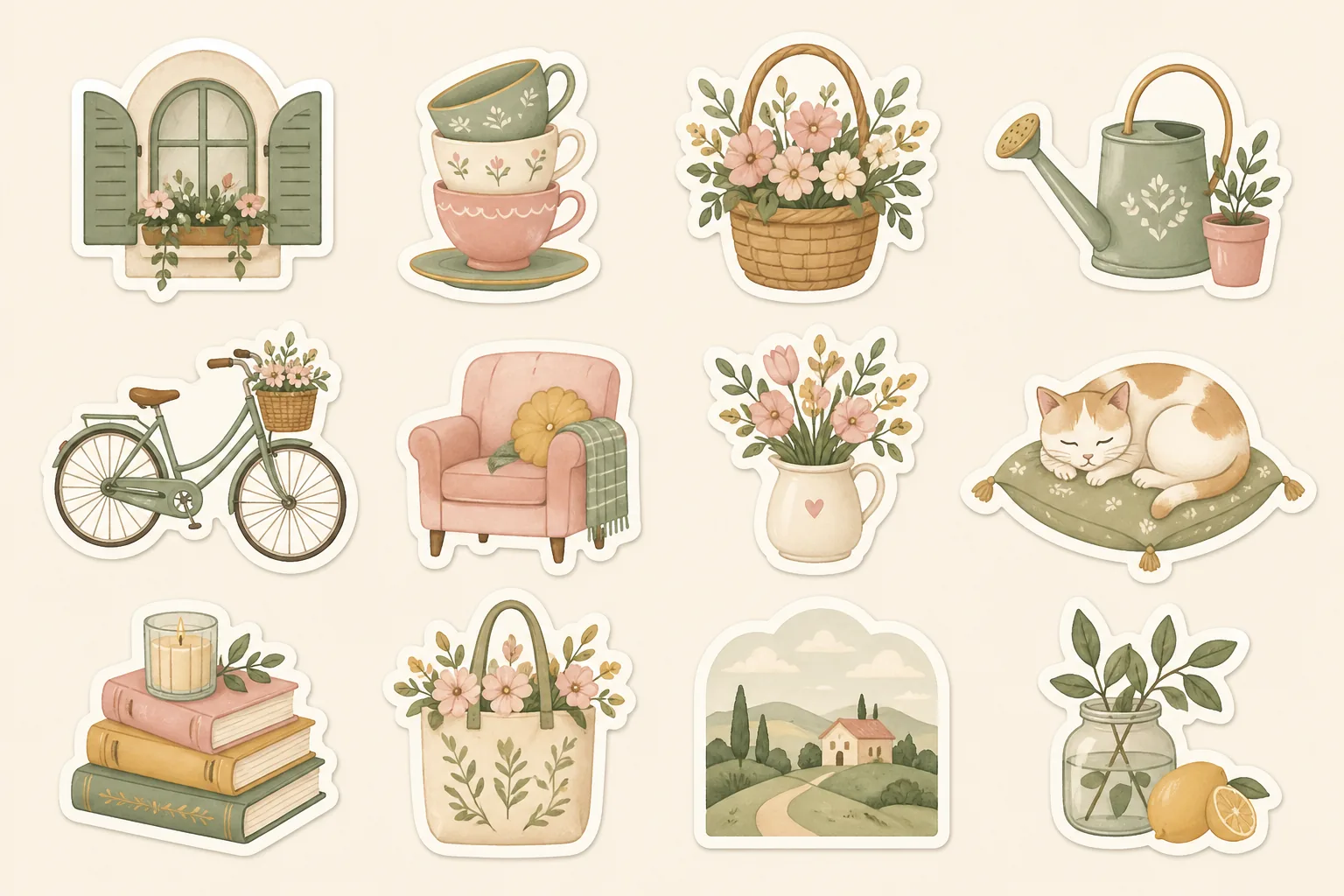 A sticker sheet preview with twelve cohesive die-cut stickers in muted pastels arranged in a grid on a warm cream background