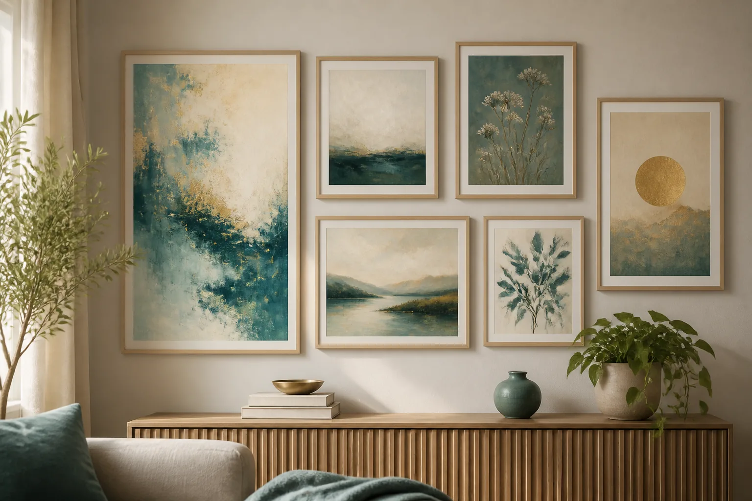 A styled interior gallery wall of five framed wall art prints in different ratios plus one large statement poster, unified palette, natural wood frames, soft afternoon light